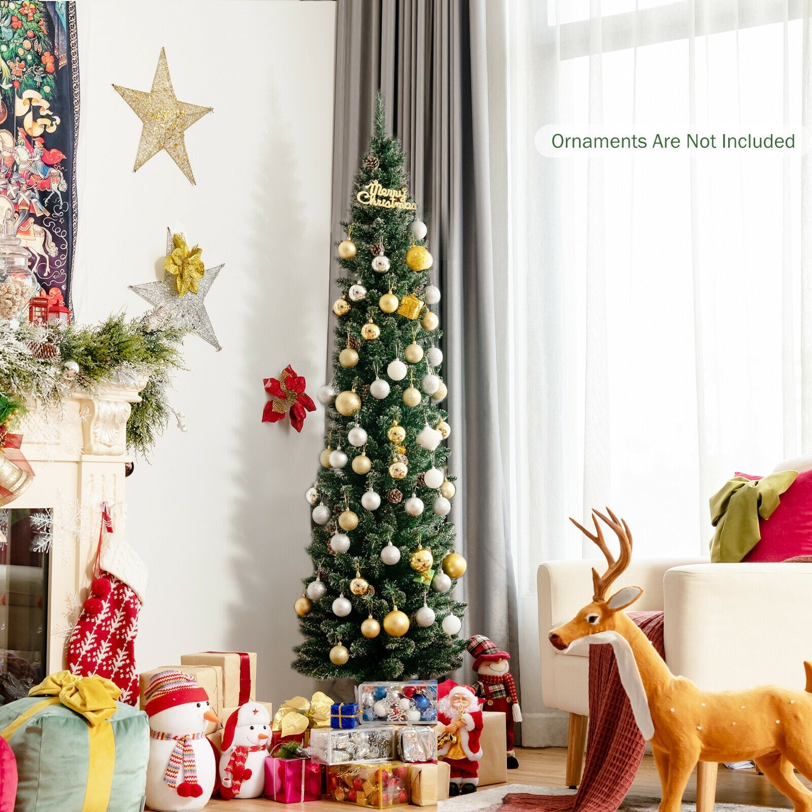 Snowy artificial pencil Christmas tree with pine cones and gold ornaments DirectDeals on Tampa Home & Garden Store