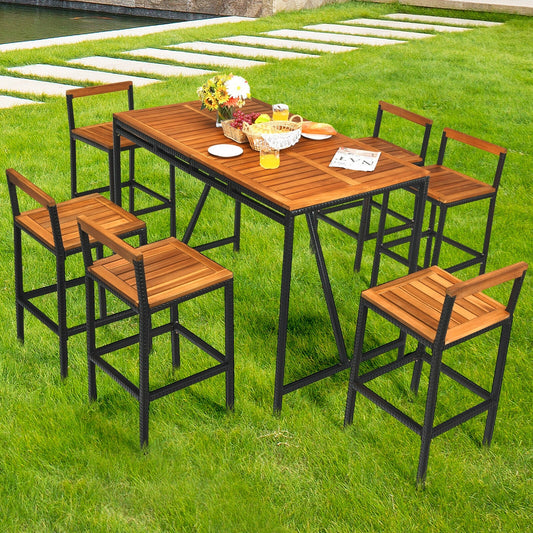 7 Pieces Acacia Wood Patio Rattan Bar Set with Umbrella Hole - Tampa Home & Garden Store