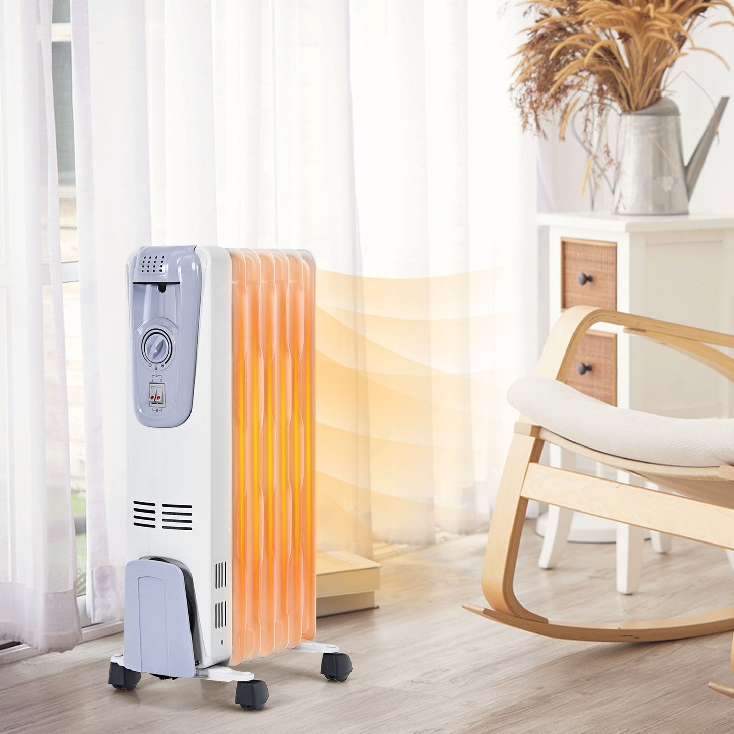 DirectDeals 1500W oil-filled radiator with thermostat, orange fins, 4 wheels on Tampa Home & Garden Store