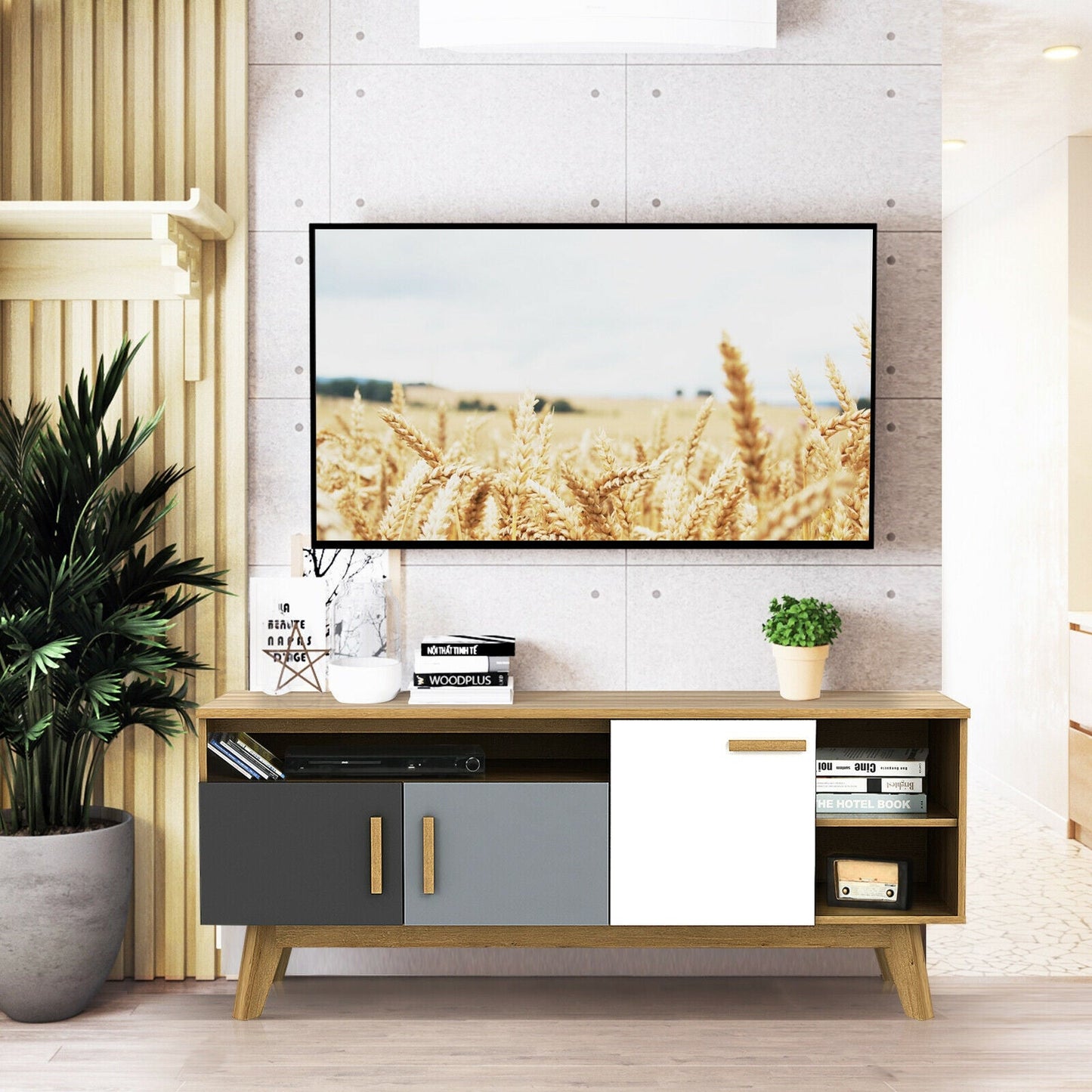 Mueble para TV de 65 pulgadas con 3 armarios de almacenamiento y 3 estantes abiertos para salón