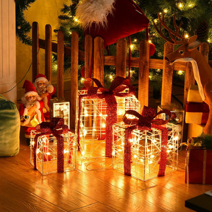 DirectDeals 3-piece lighted gift boxes with 60 LEDs, clear wireframe, red ribbons indoor outdoor on Tampa Home & Garden Store