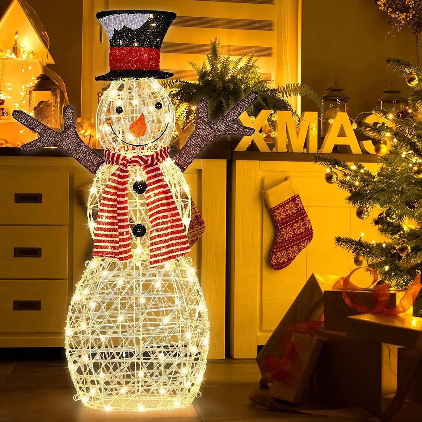 Indoor/outdoor lighted snowman, white wireframe with 80 LEDs, red striped scarf, top hat on Tampa Home & Garden Store