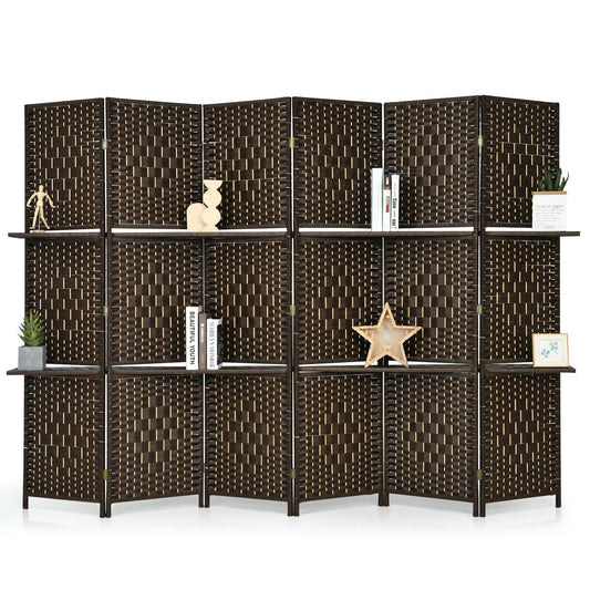 6 Panel Folding Weave Fiber Room Divider with 2 Display Shelves -Brown - Tampa Home & Garden Store
