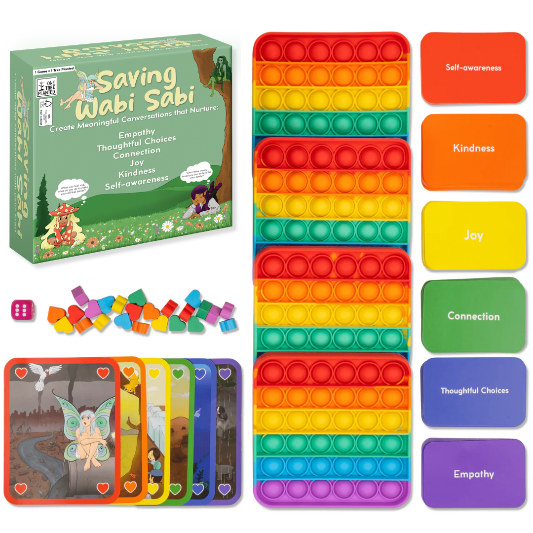 Saving Wabi Sabi educational toy by The Fidget Games with rainbow pop-it and emotion cards on Tampa Home & Garden Store