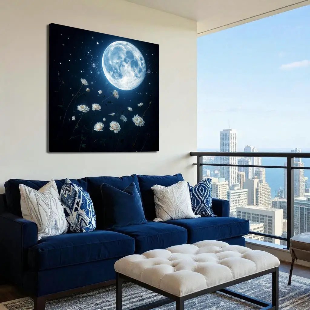 Lunar Canvas Wall Art by Tailored Canvases, navy canvas with bright moon and white roses on Tampa Home & Garden Store