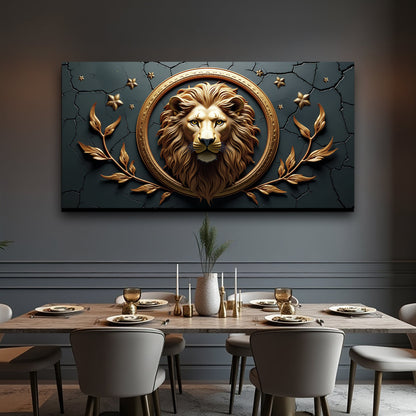 3D Majestic Lion Wall Art Tailored Canvases, gold lion head in round frame on teal backdrop on Tampa Home & Garden Store