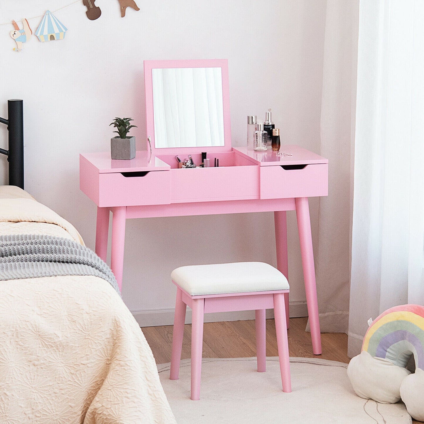 Juego de Tocador de Maquillaje con Espejo Abatible y 2 Cajones - Rosa