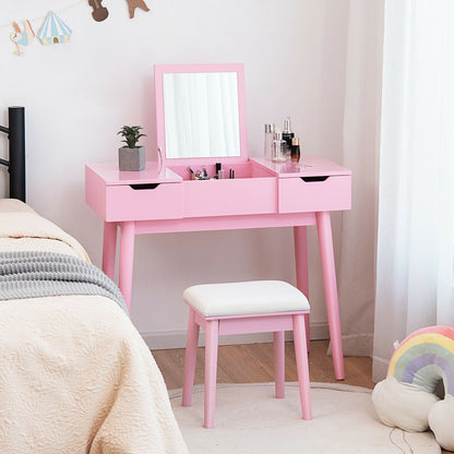 Juego de Tocador de Maquillaje con Espejo Abatible y 2 Cajones - Rosa