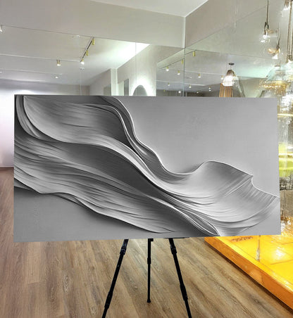 Stormy Gray Minimalist Wall Art canvas by Tailored Canvases, grayscale abstract wave on easel on Tampa Home & Garden Store