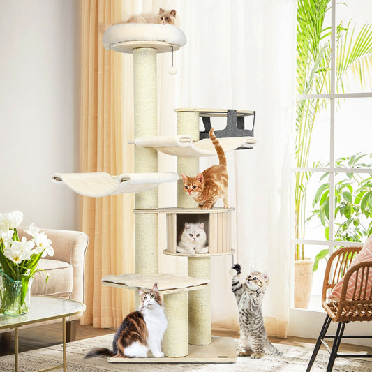 77.5-Inch Cat Tree Condo Multi-Level Kitten Activity Tower with Sisal Posts-Cream White - Tampa Home & Garden Store