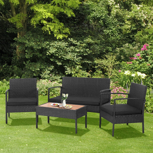 4 Pieces Patio Rattan Cushioned Furniture Set with Wooden Tabletop - Tampa Home & Garden Store