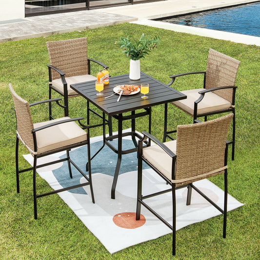 5 Pieces Outdoor Rattan Bistro Bar Stool Table Set with Cushions - Tampa Home & Garden Store