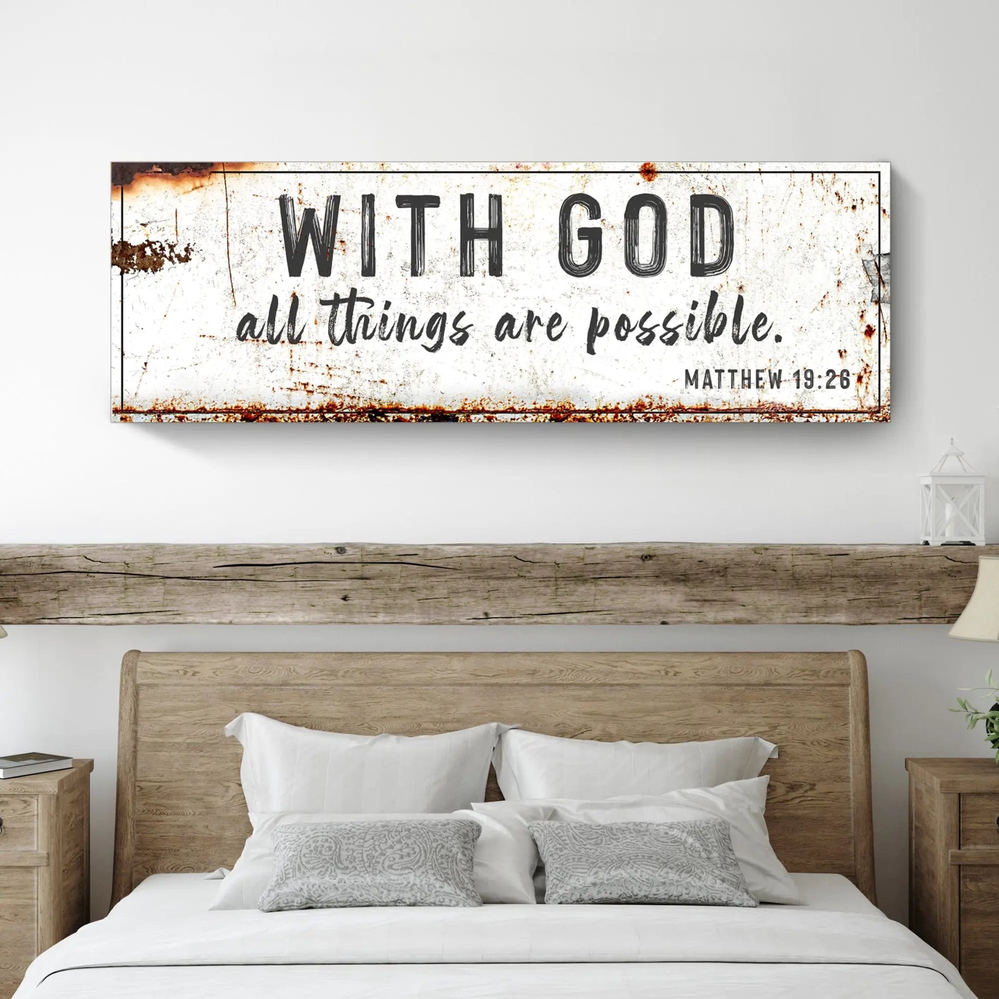 Canvas sign, distressed white rustic with rust edges, With God all things are possible on Tampa Home & Garden Store