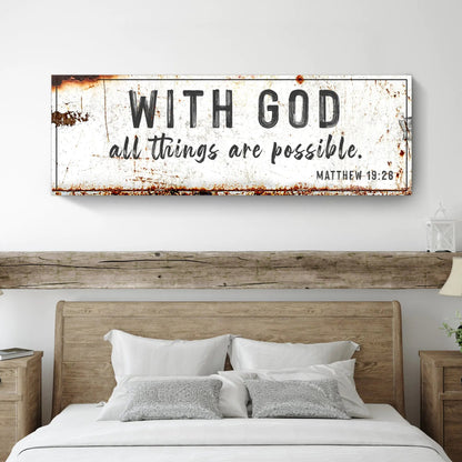 Canvas sign, distressed white rustic with rust edges, With God all things are possible on Tampa Home & Garden Store