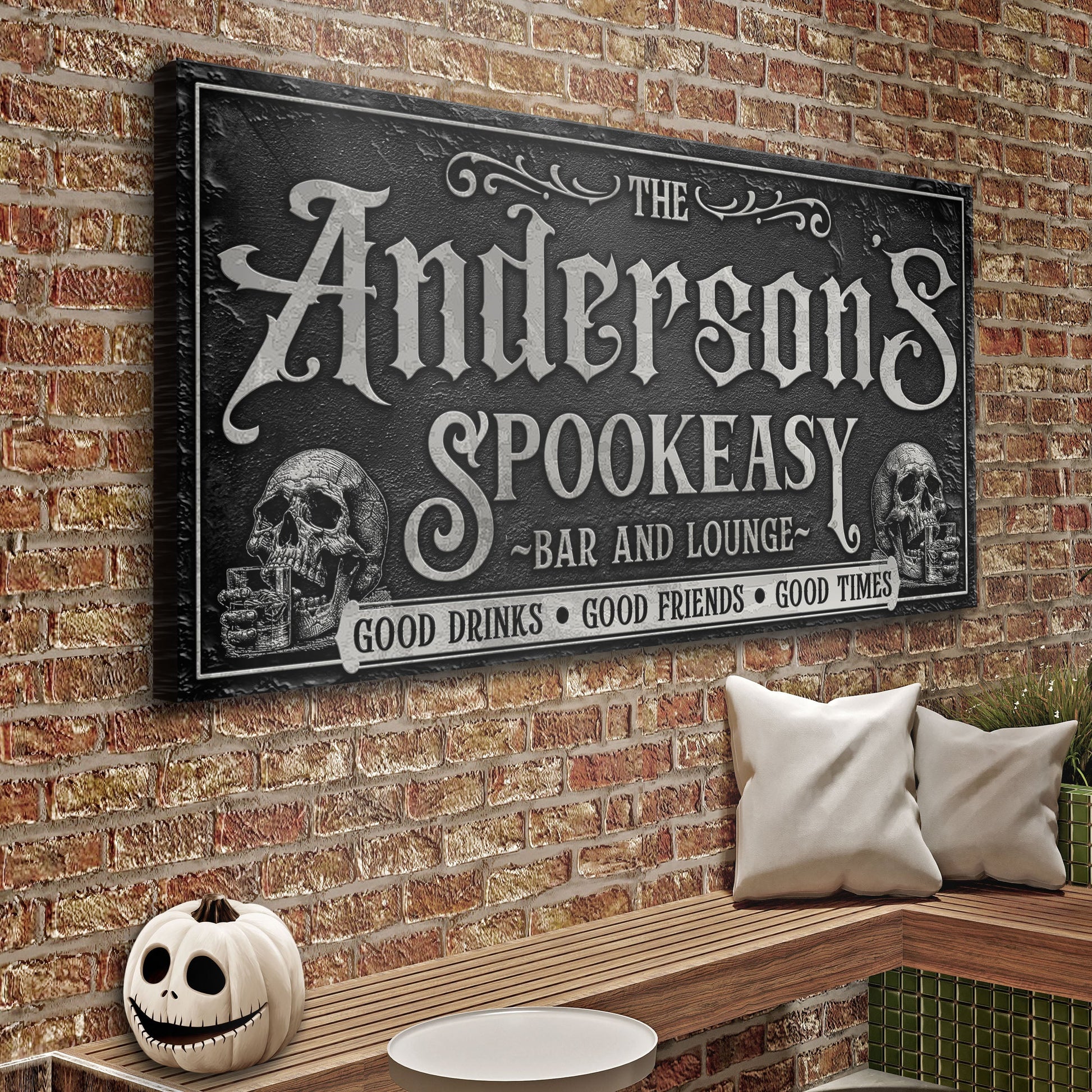 Personalized Spookeasy Bar Sign II canvas by Tailored Canvases, black distressed surface with ornate typography Crafting Canvas on Tampa Home & Garden Store