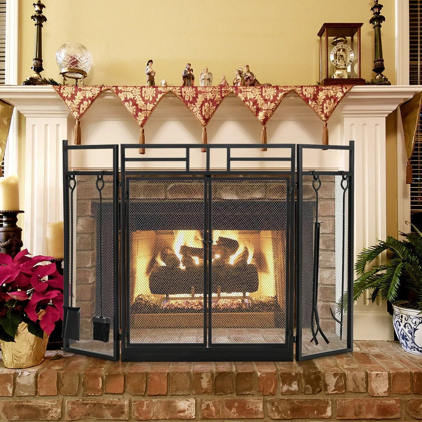 Three Panel Folding Wrought Iron Fireplace Screen