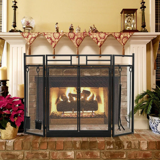 Three Panel Folding Wrought Iron Fireplace Screen