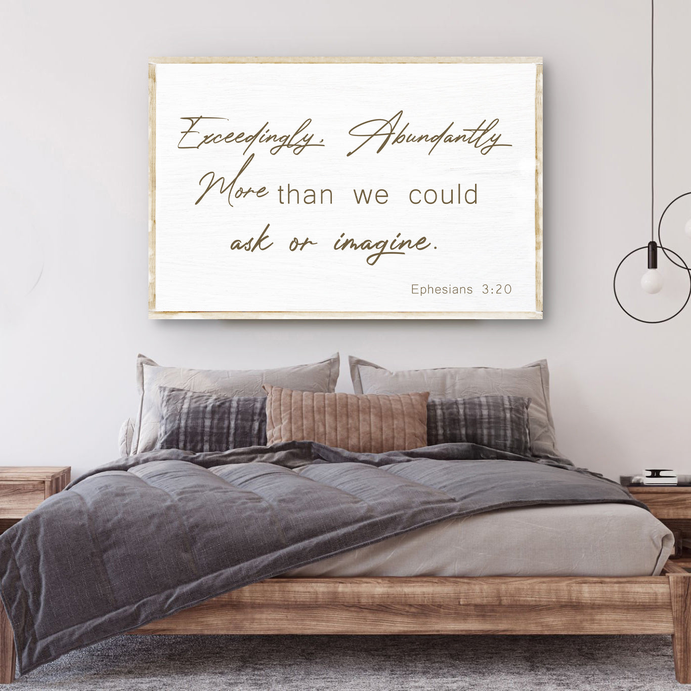 Ephesians 3:20 Farmhouse Faith Sign II canvas with whitewashed wood frame and brown script Tailored Canvases on Tampa Home & Garden Store