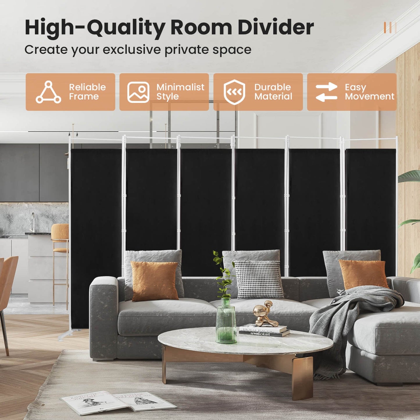 Divisor de ambientes plegable de 6 paneles con base de soporte de acero - Negro