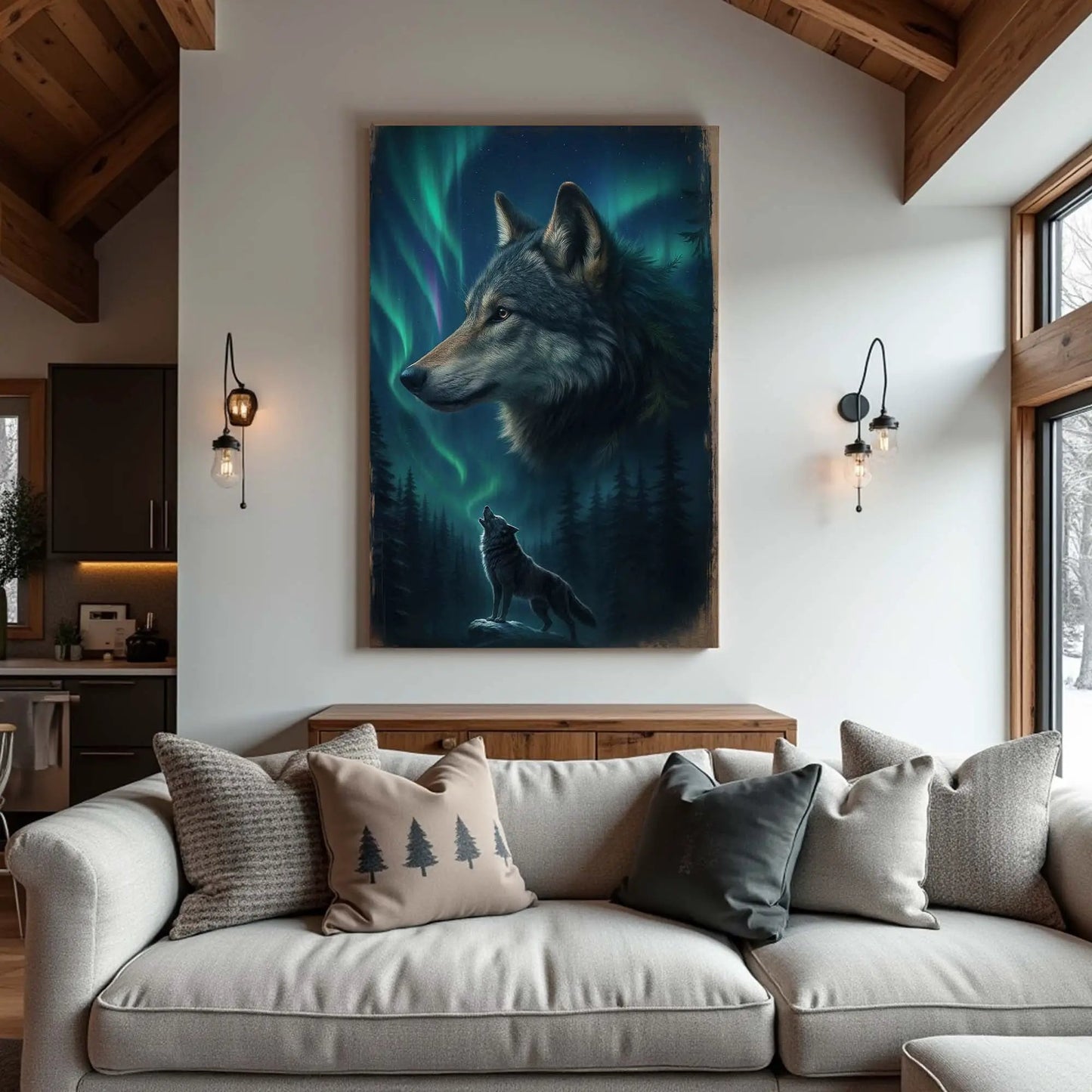 Wolf Double Exposure Wall Art IV canvas by Tailored Canvases, vertical aurora wolf portrait on Tampa Home & Garden Store