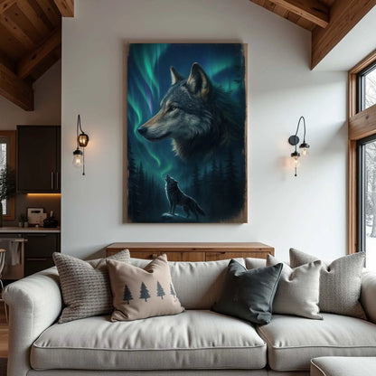 Wolf Double Exposure Wall Art IV canvas by Tailored Canvases, vertical aurora wolf portrait on Tampa Home & Garden Store