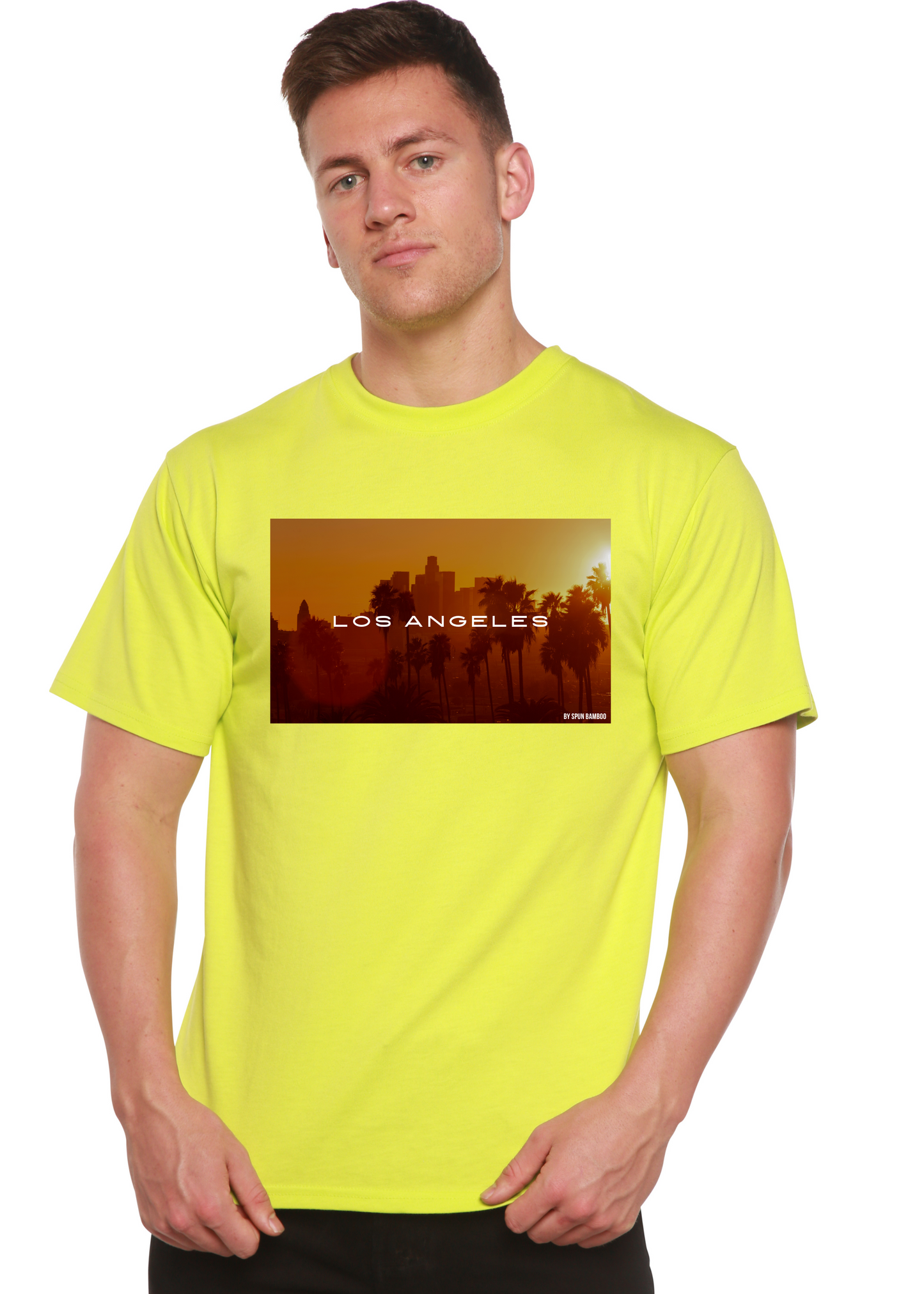Los Angeles unisex bamboo graphic tee in neon yellow with sunset palm print by Spun Bamboo on Tampa Home & Garden Store