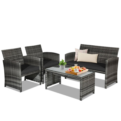 Juego de muebles de patio de ratán de 4 piezas con mesa de vidrio y sofá biplaza - Negro