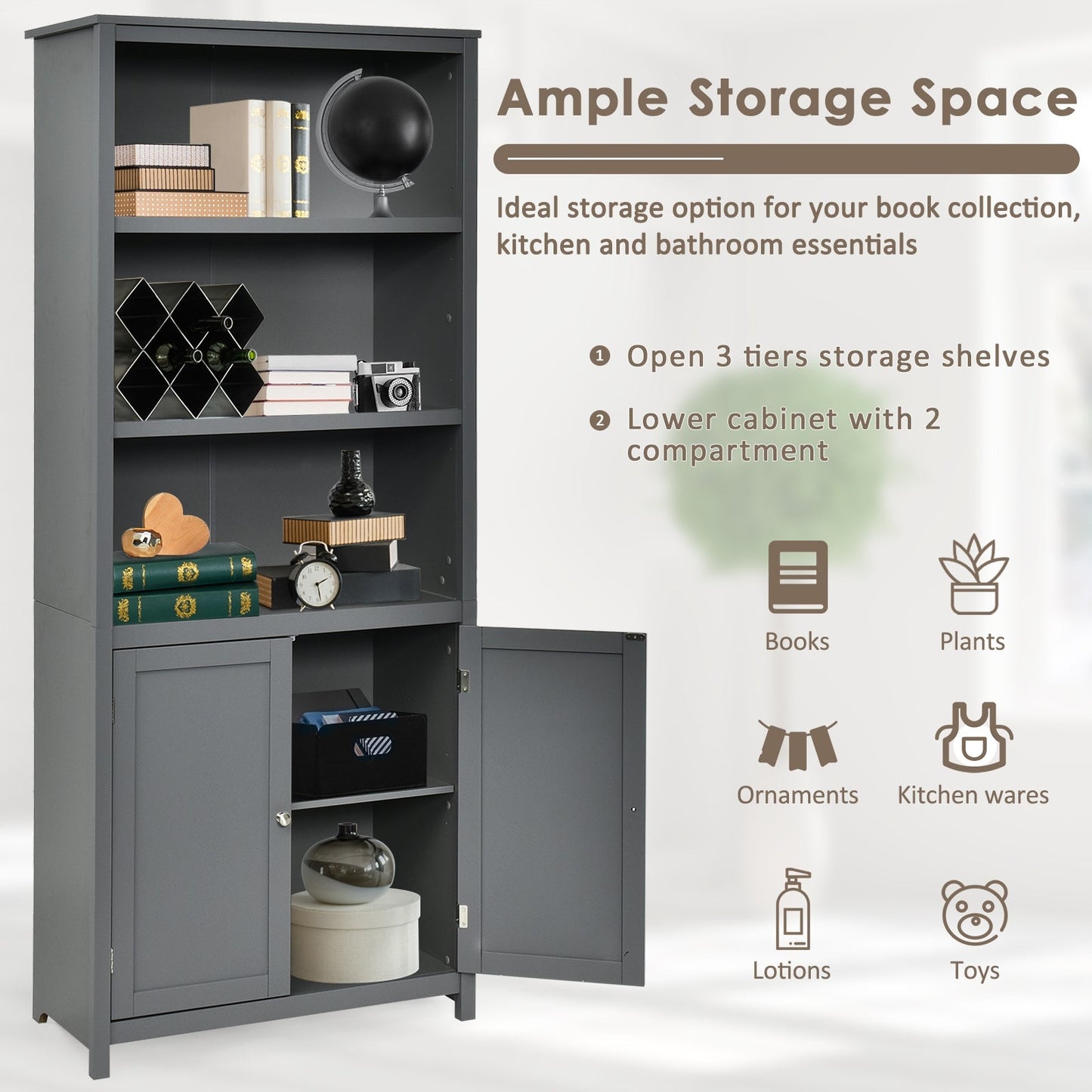 Estantería Librería Almacenamiento Mueble de Madera Unidad Exhibición con Puertas-Gris