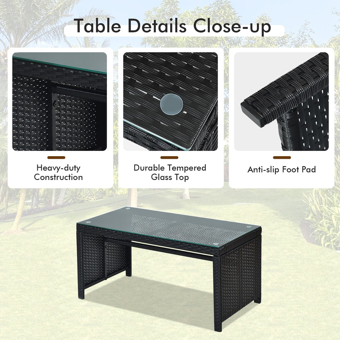 Juego de Muebles de Patio de Ratán de 4 Piezas con Cojines Resistentes al Clima y Mesa con Cubierta de Vidrio Templado-Azul Marino