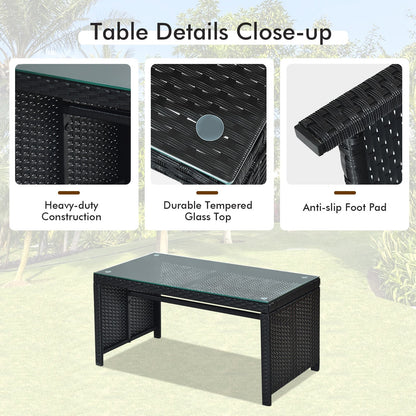 Juego de Muebles de Patio de Ratán de 4 Piezas con Cojines Resistentes al Clima y Mesa con Cubierta de Vidrio Templado-Azul Marino