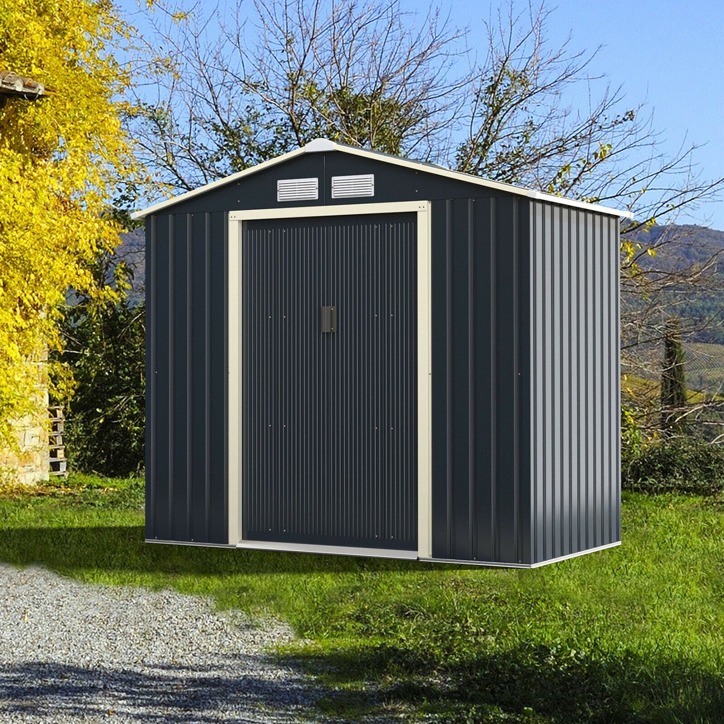 Caseta de Almacenamiento Metálica de 7 Pies x 4 Pies con Puertas Correderas Dobles con Cerradura - Gris