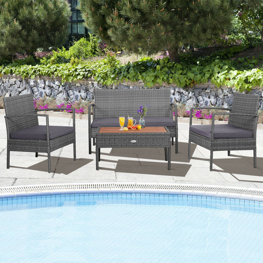 4 Pieces Rattan Patio Conversation Furniture Set with Acacia Wood Tabletop - Tampa Home & Garden Store