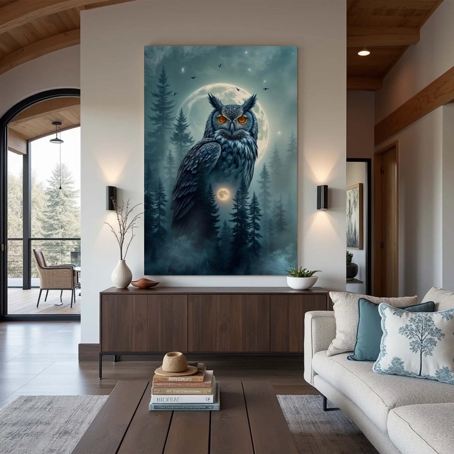 Owl Double Exposure Wall Art II canvas shows an orange-eyed owl against a moonlit teal forest on Tampa Home & Garden Store