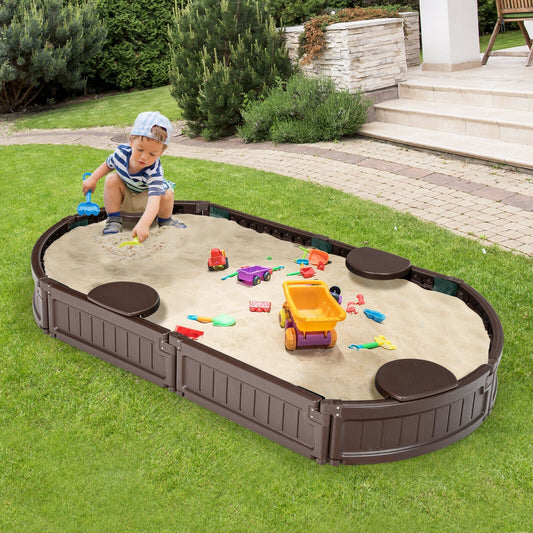 DirectDeals Sandbox with Built-in Corner Seat and Bottom Liner in brown plastic for backyard play on Tampa Home & Garden Store