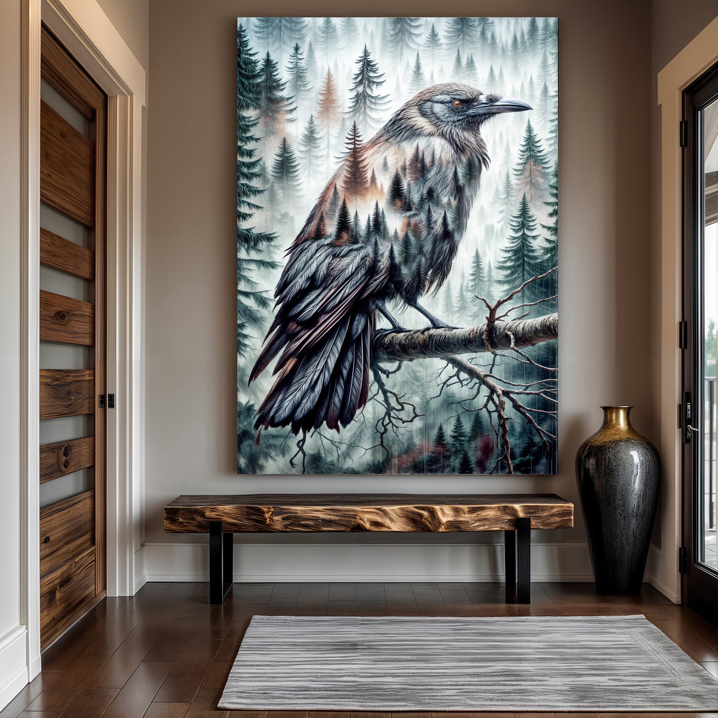 Crow double exposure canvas wall art by Tailored Canvases in a misty pine forest on Tampa Home & Garden Store
