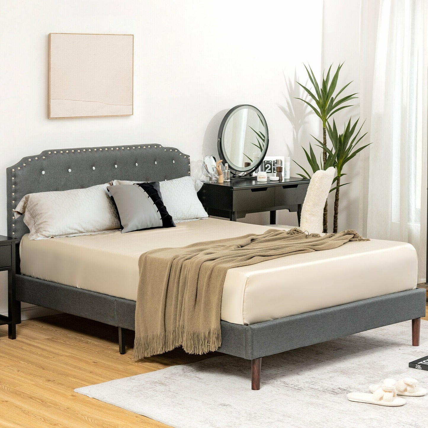 Base de cama tapizada con cabecera capitoné ajustable - Tamaño matrimonial