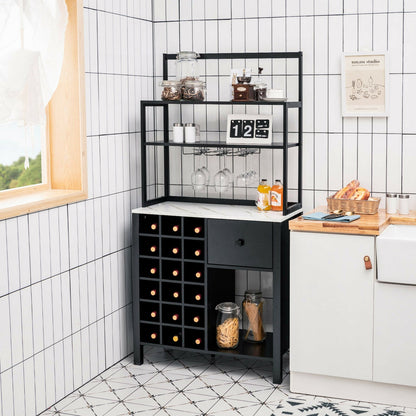 Estantería de cocina para panadero con botellero independiente, mesa con soporte para copas y cajón - Negra