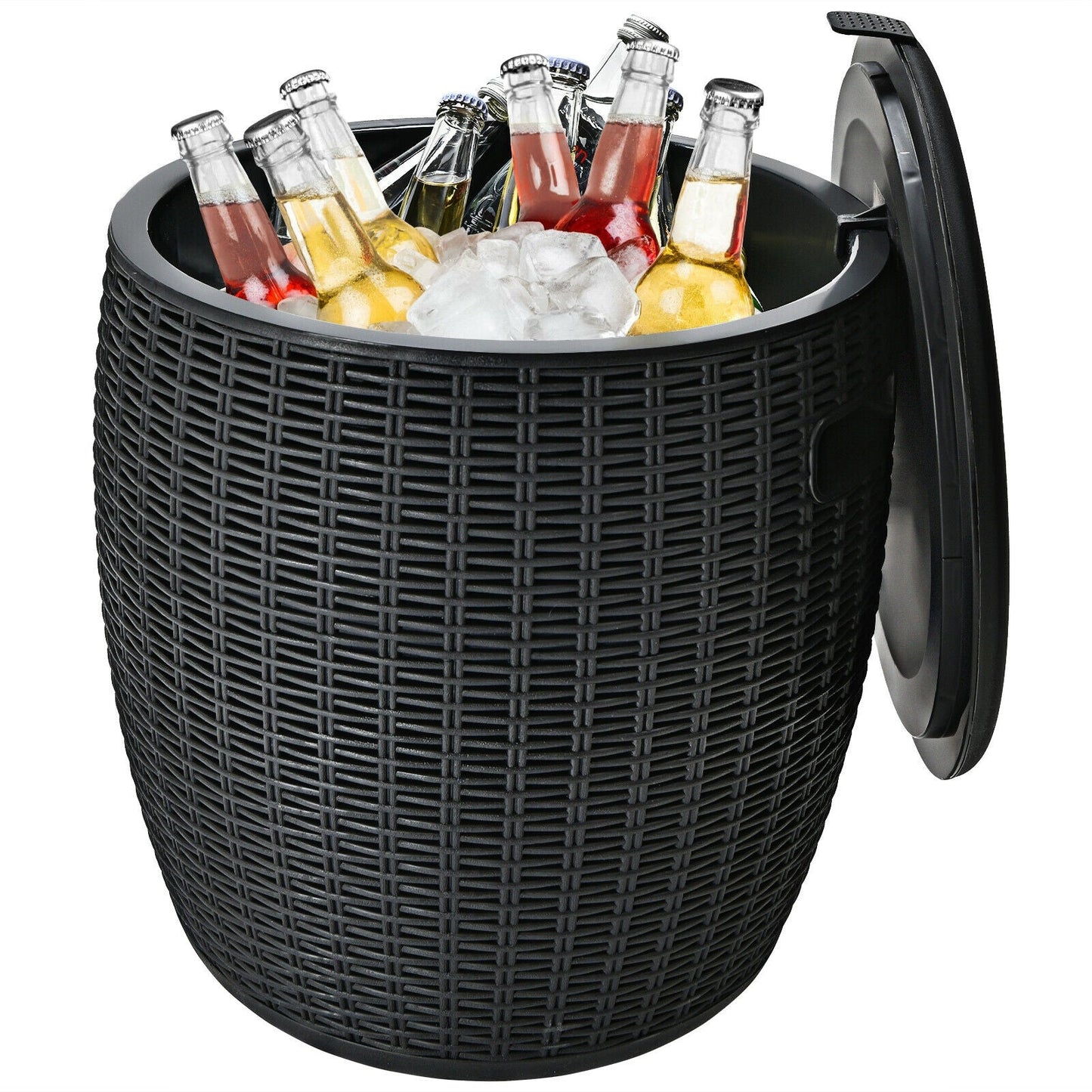 GemGear black 9.5 gallon 4-in-1 patio rattan cooler bar with ice and beer bottles on Tampa Home & Garden Store
