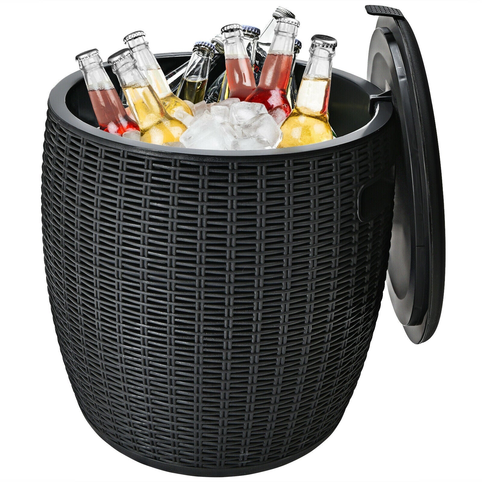 GemGear black 9.5 gallon 4-in-1 patio rattan cooler bar with ice and beer bottles on Tampa Home & Garden Store