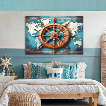 Canvas Sailboat Ship Wheel coastal wall art with wooden wheel over blue world map on Tampa Home & Garden Store