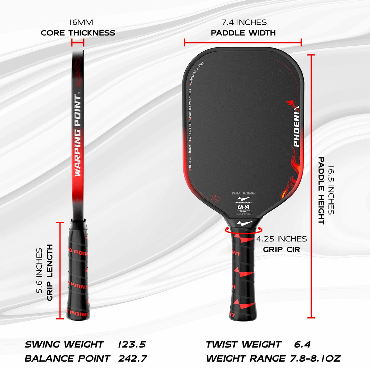 Phoenix Pickleball Paddle 16mm core, black with red flame design, Warping Point on Tampa Home & Garden Store