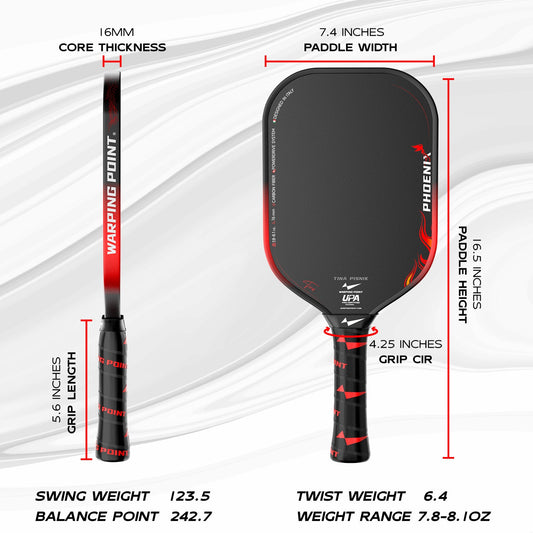 Phoenix Pickleball Paddle 16mm core, black with red flame design, Warping Point on Tampa Home & Garden Store