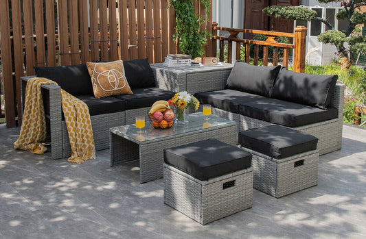 8 Pieces Patio Rattan Furniture Set with Storage Waterproof Cover and Cushion-Black - Tampa Home & Garden Store