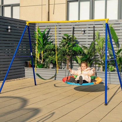 2-pack swing seats and saucer swing on blue and yellow frame with child on saucer swing on Tampa Home & Garden Store