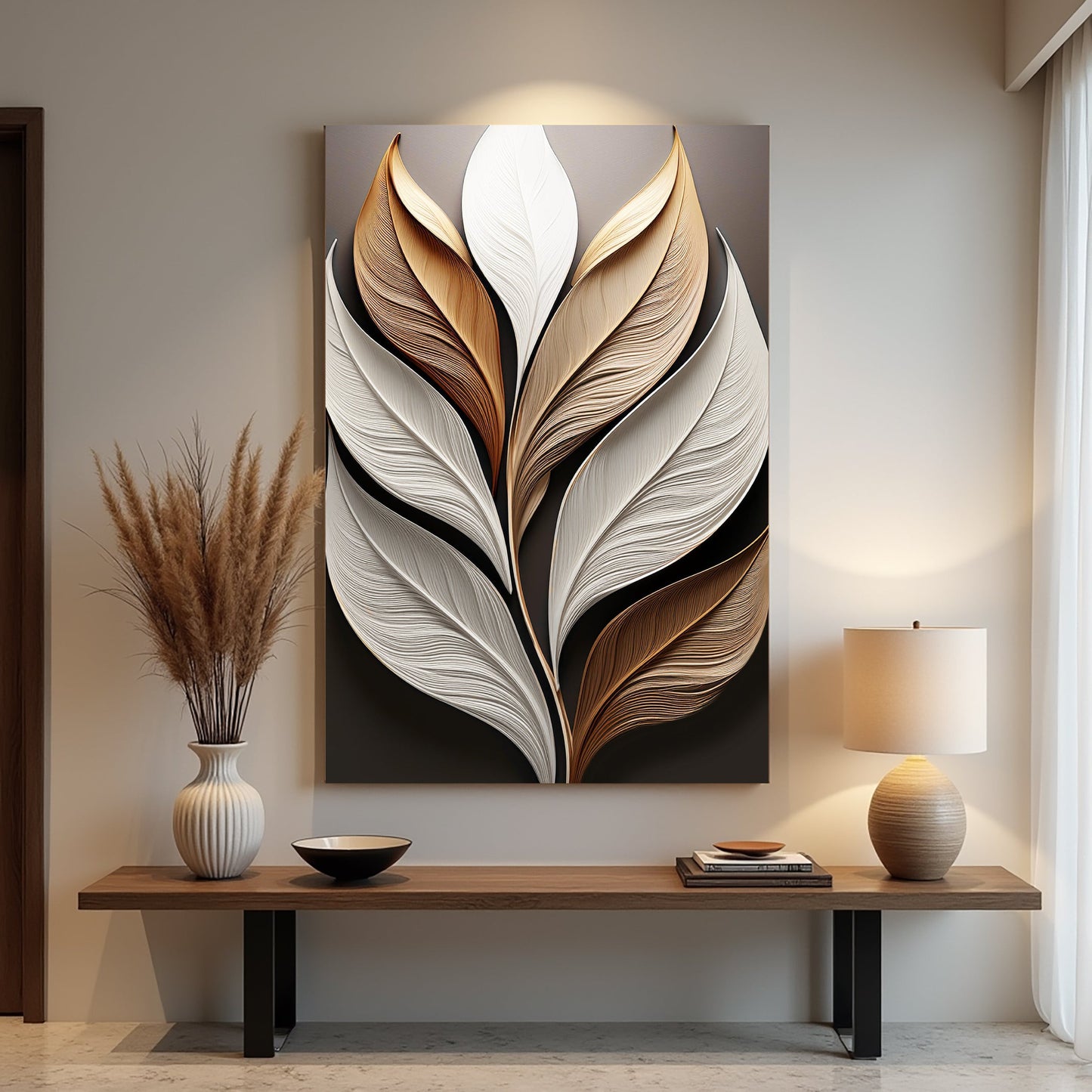 Elegant 3D Leaf Wall Art canvas; white and taupe layered leaves on dark background on Tampa Home & Garden Store