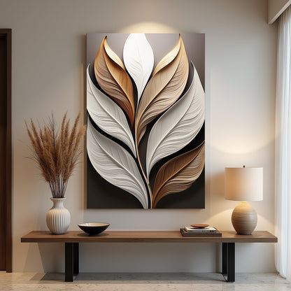 Elegant 3D Leaf Wall Art canvas; white and taupe layered leaves on dark background on Tampa Home & Garden Store