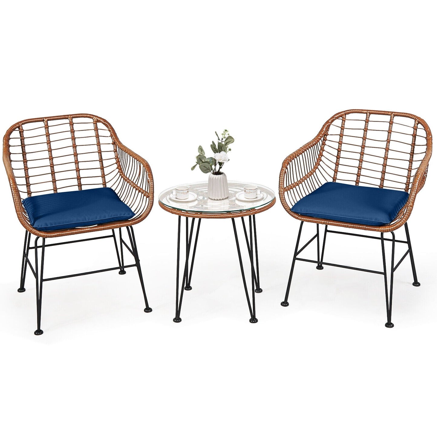 3 Pieces Patio Rattan Bistro Set with Cushion-Black