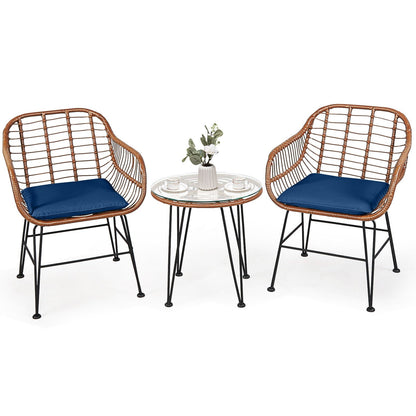 3 Pieces Patio Rattan Bistro Set with Cushion-Black
