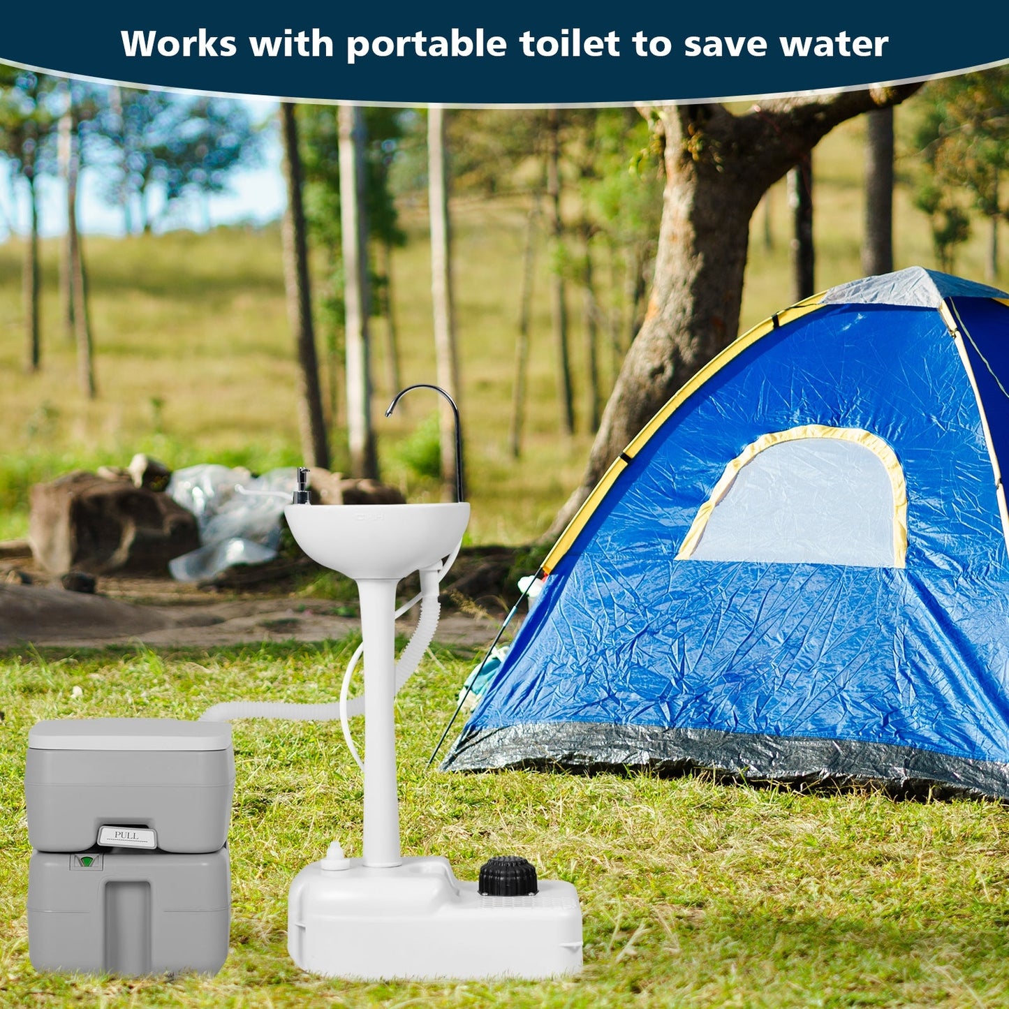 GemGear camping hand wash station with 4.5 gal tank at a grassy campsite with a blue tent on Tampa Home & Garden Store