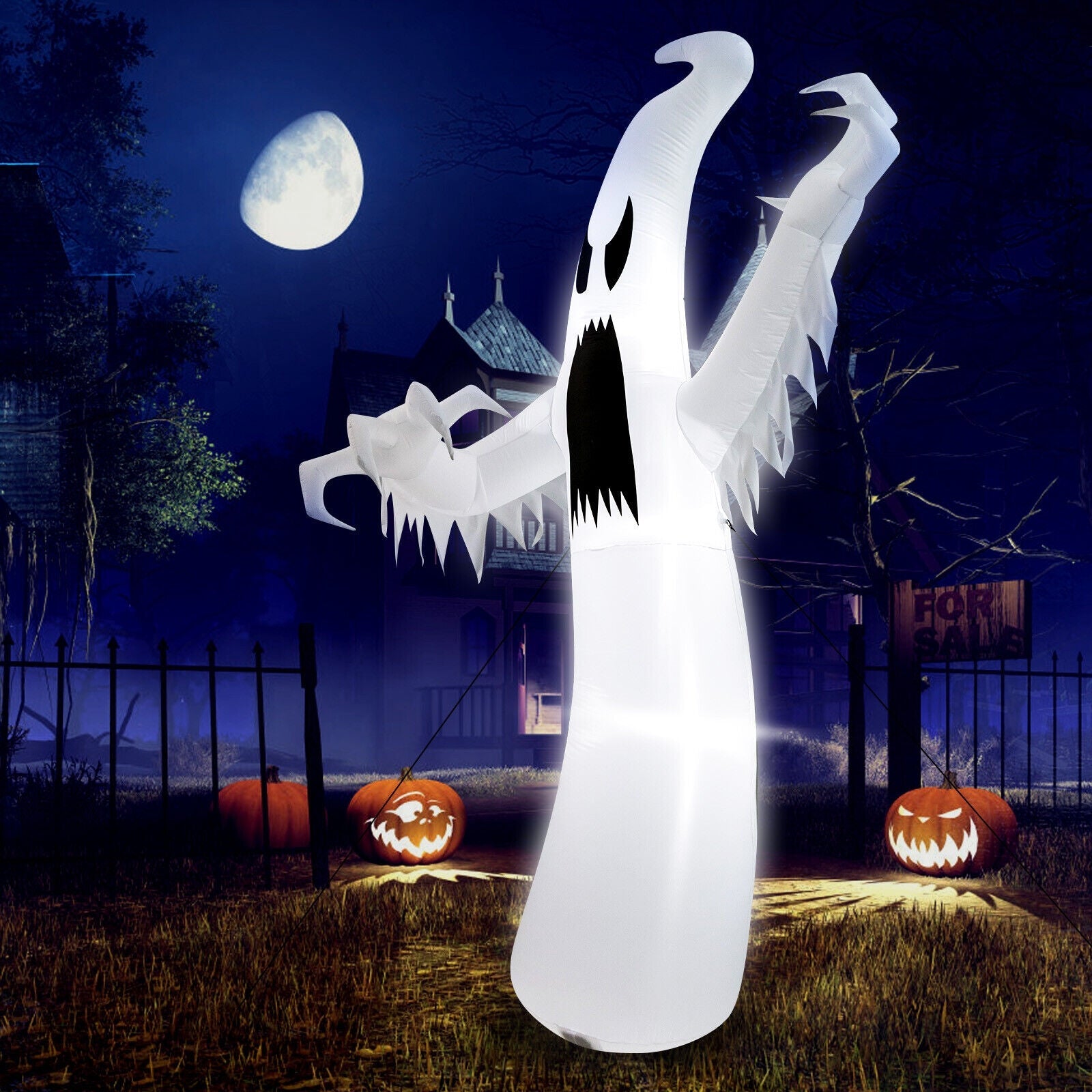 12 ft Halloween Inflatable Ghost with LED Lights, white ghost with raised arms for yard decor on Tampa Home & Garden Store